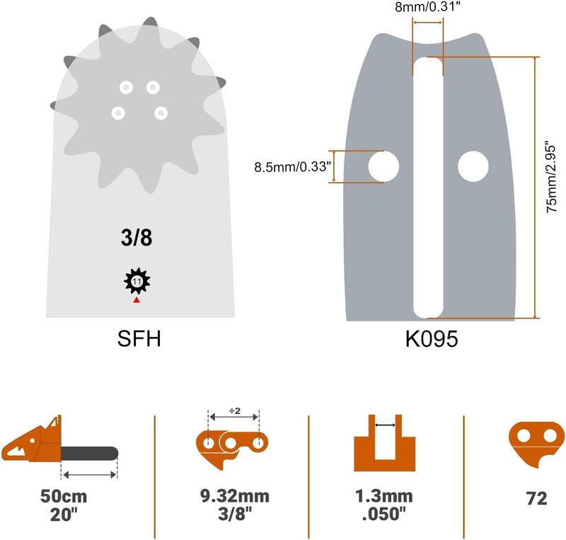 Savior 20 Inch Chainsaw Bar and Chain Combo, 3/8" Pitch .050" Gauge 72 Drive Links for 455 Rancher 460 Rancher Poulan PP5020AV PR5020, Replace for 200SFHK095, 584818, 584271 - Image 2
